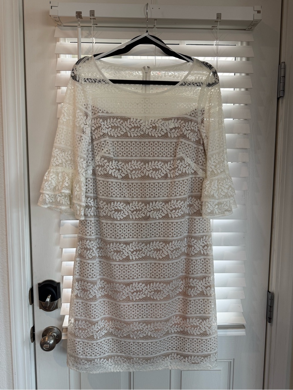 Eliza J Ivory Lace dress with Nude lining and Bell Sleeve